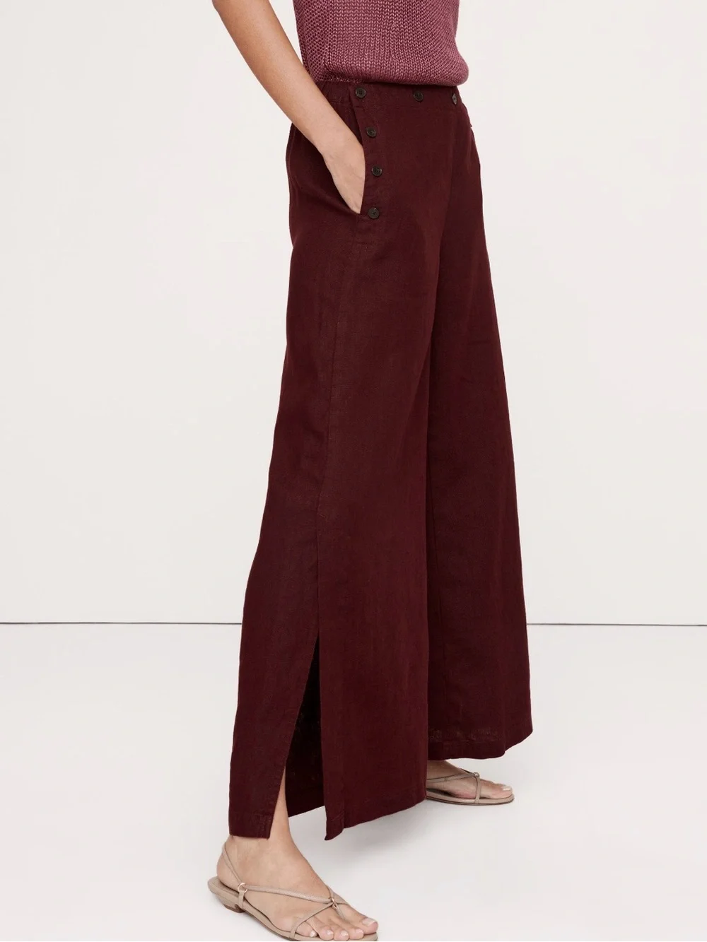 NWT Banana Republic High Rise Wide Leg Pull On Linen Sailor Burgandy Pant Sz M/T